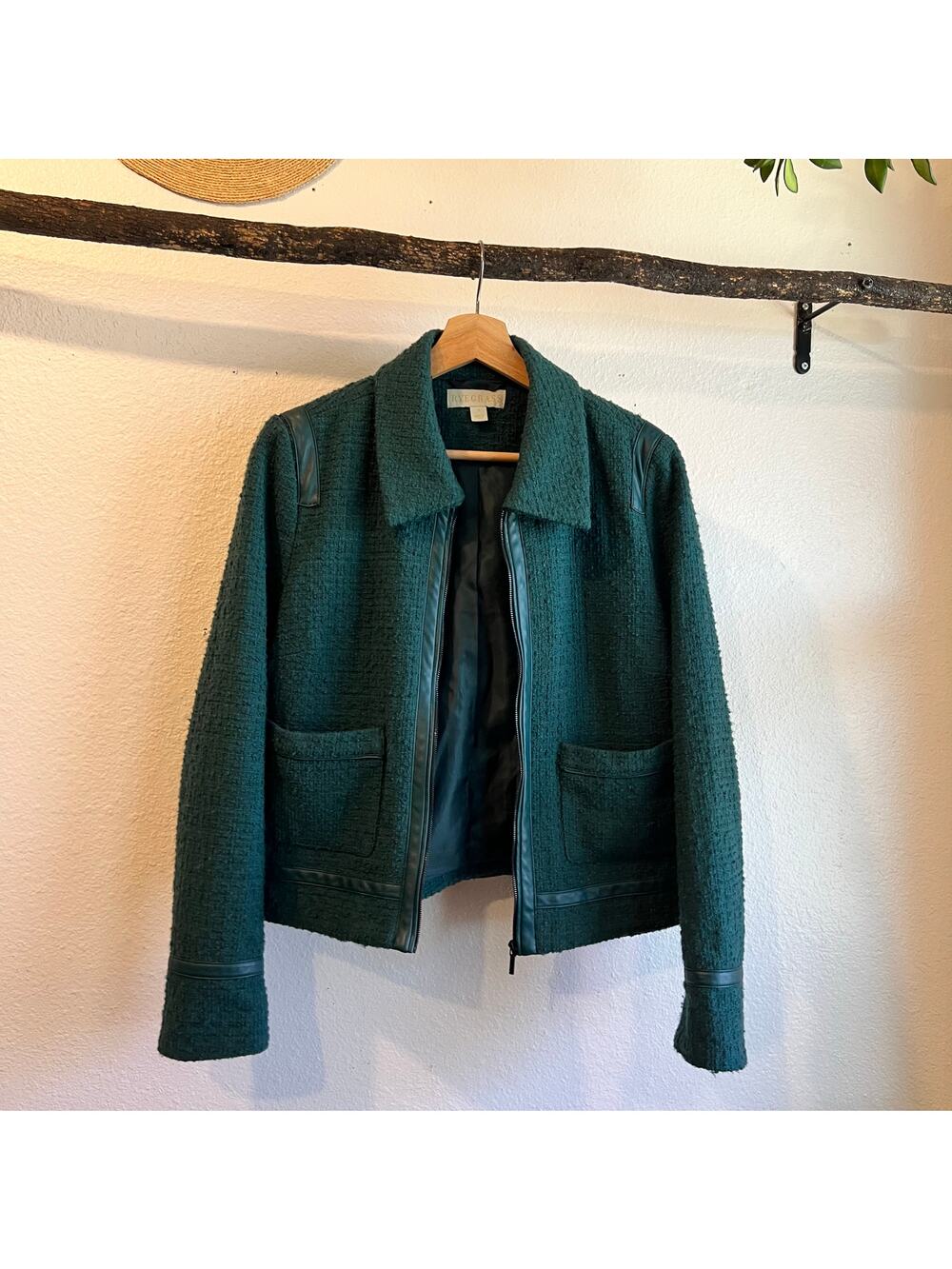 Teal Green Texture Cropped Chore Zip Up Jacket Leather Trim Jacket Size Small